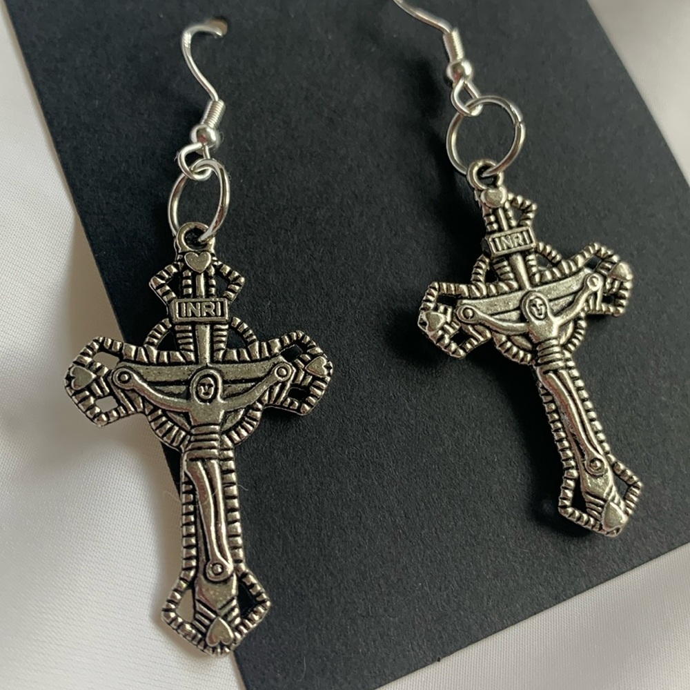 Crucifix Cross earrings Artisan sterling silver hooks pierced